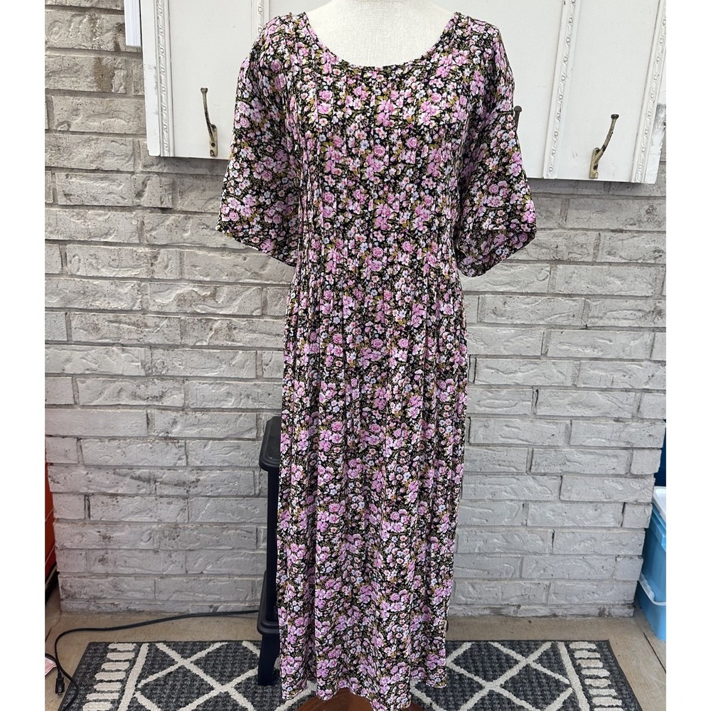 Anna Maxwell Maxi Dress 28W Floral Tie Zipper Short Sleeve‎ Round Neck Flowers
